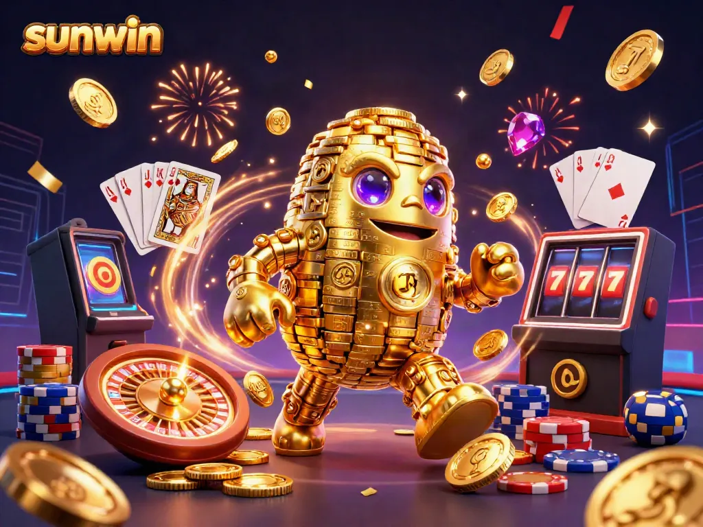 Experience the excitement of sunwin with a golden golem amid flying coins and casino elements.