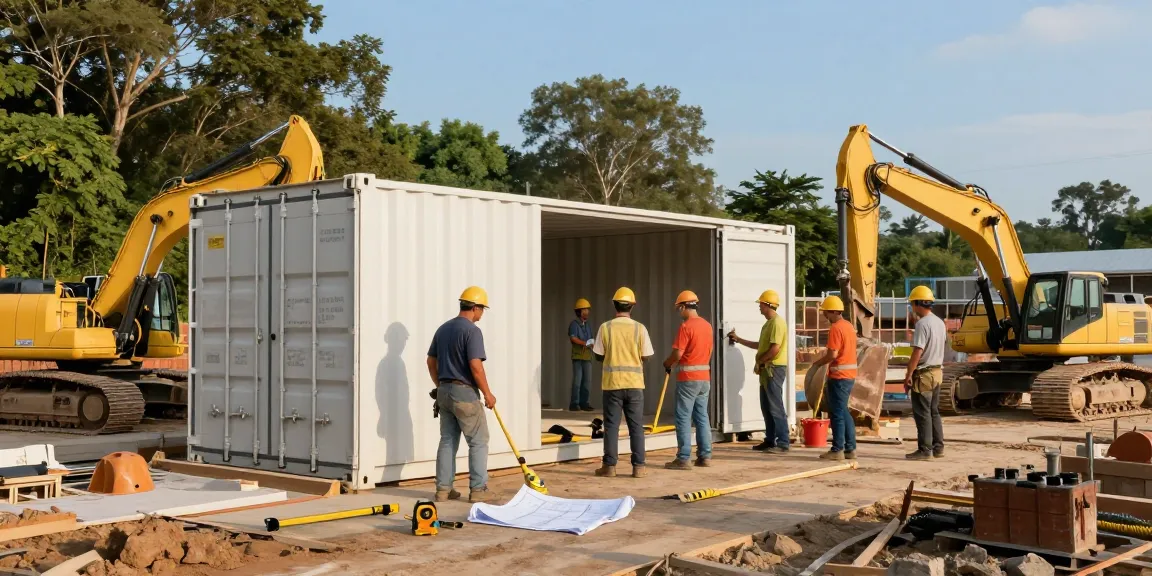 Professionelles Seecontainer Fundament wird von einem Bauarbeiterteam erstellt und optimiert