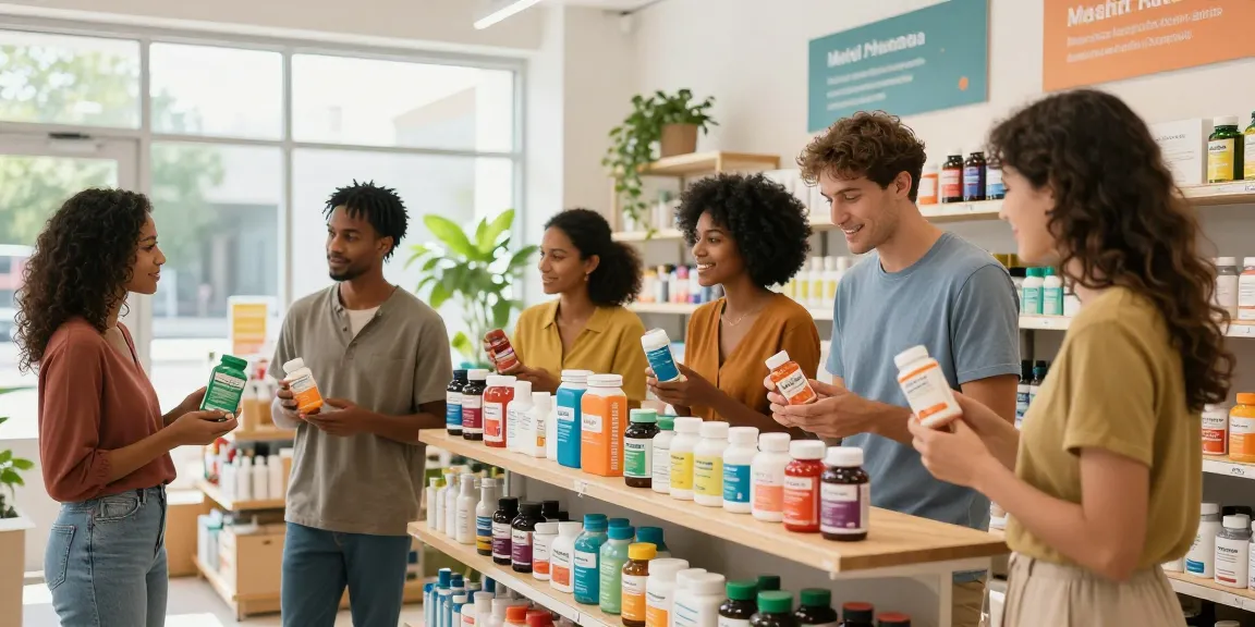 Eine diverse Gruppe kauft im Medi Pharma Shop Gesundheits- und Wellnessprodukte und zeigt ein lebhaftes Einkaufsumfeld.