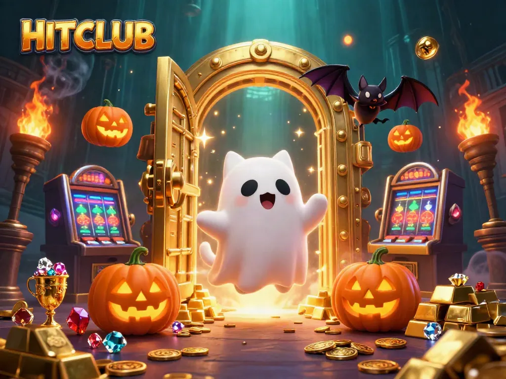 Experience the HITCLUB excitement with a ghost cat and a vampire bat in a rich casino scene.