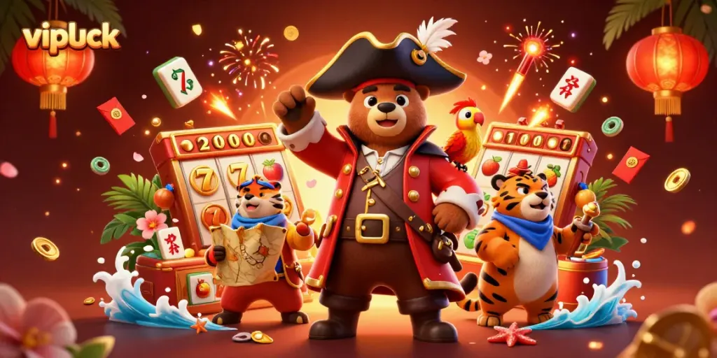 Engage with vipluck adventures as a pirate bear spins slot reels surrounded by golden treasures.