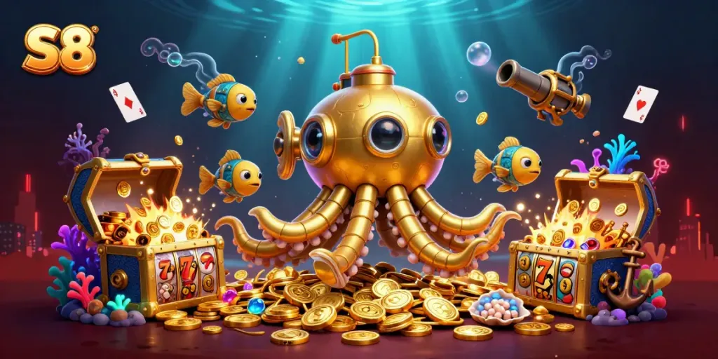 Experience thrilling wins at S8 with a vibrant underwater casino scene filled with gold.