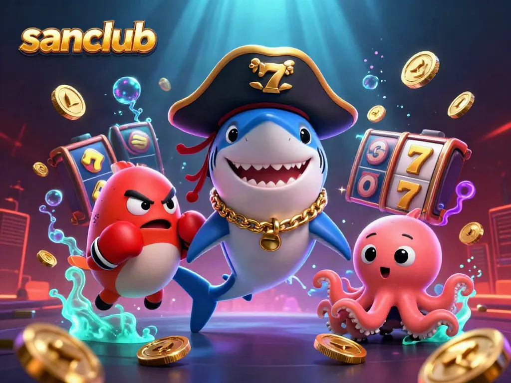 Engaging sanclub casino scene with a cartoon shark, pufferfish, and octopus surrounded by colorful slot symbols.
