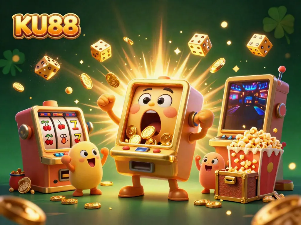 KU88 slot machine celebrates a jackpot with golden coins pouring out, creating a festive, winning atmosphere.