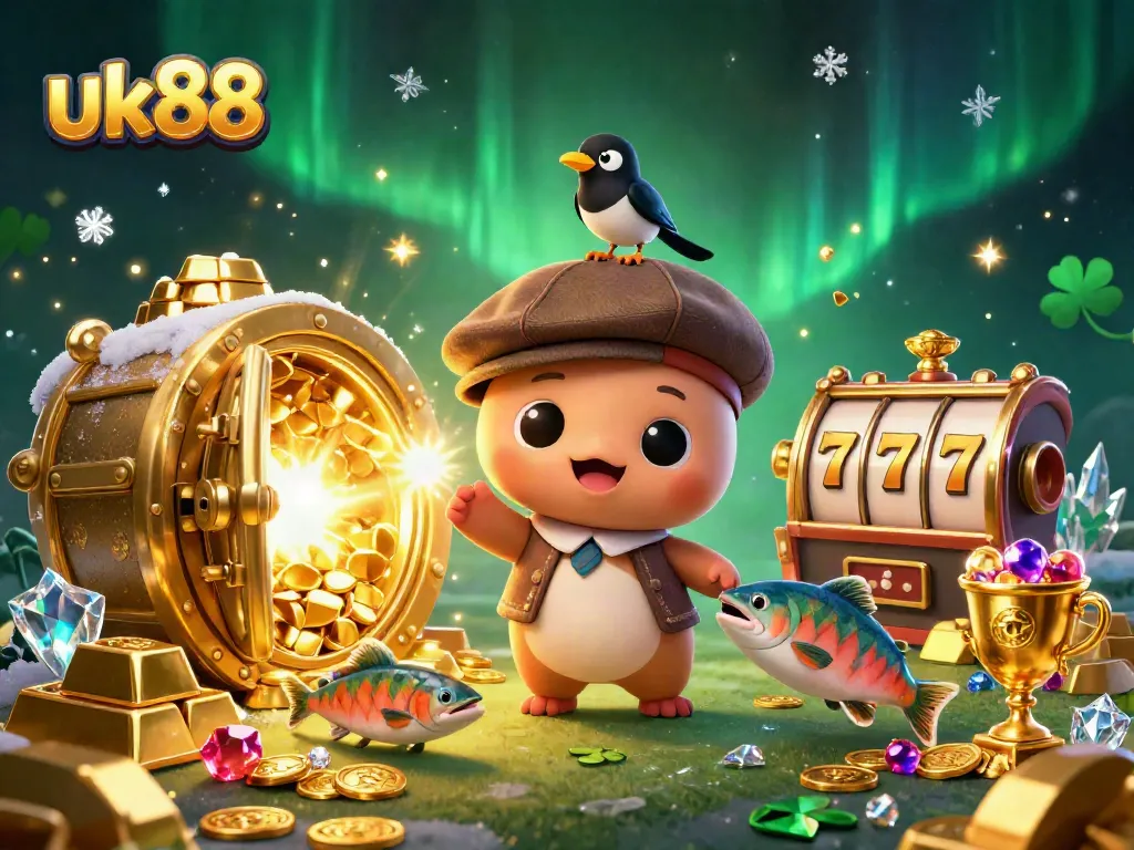 Engage with the magical uk88 world featuring cartoon baby Nessie amid shimmering gold treasures in a casino scene.