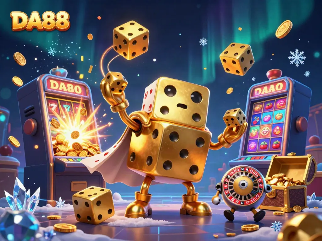 Engage with DA88's vibrant casino scene featuring a golden dice golem, slot jackpot, and colorful game elements.