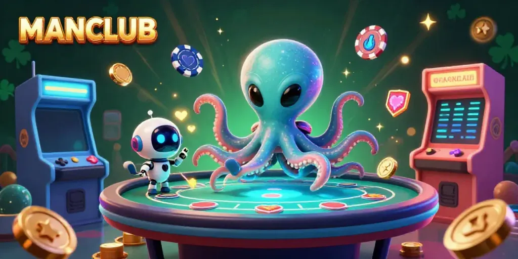 Engage with MANCLUB at a vibrant 3D casino, featuring an alien octopus and poker action.