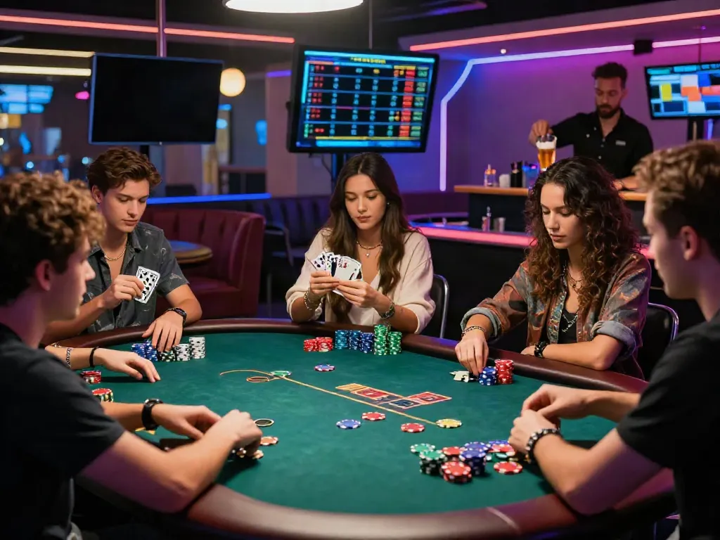 Dewacash Asia vibrant casino scene with friends playing poker, showcasing an engaging gambling atmosphere.