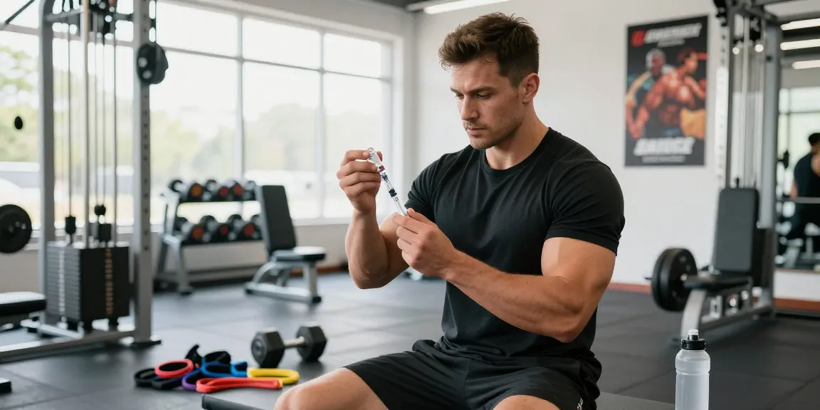 Anabolika Shop Kontext mit einem Bodybuilder, der sich auf eine Steroidinjektion vorbereitet, und dabei Fitnessgeräte und eine Fitnessatmosphäre zeigt.