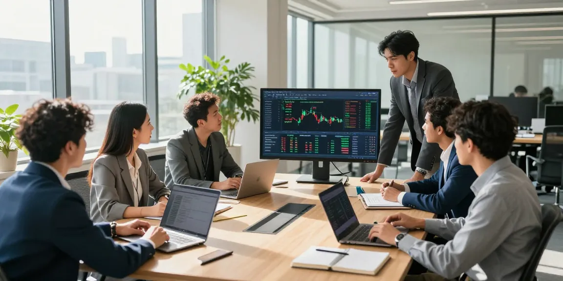 FINIO24.com Bewertung mit Geschäftsprofis in einem modernen Büro, die Handelsstrategien diskutieren.