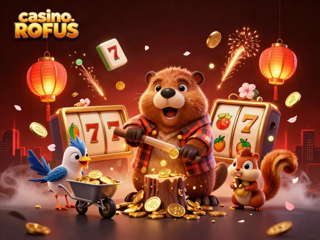 Experience the thrill of casino uden ROFUS with a vibrant 3D cartoon scene filled with lucky symbols.