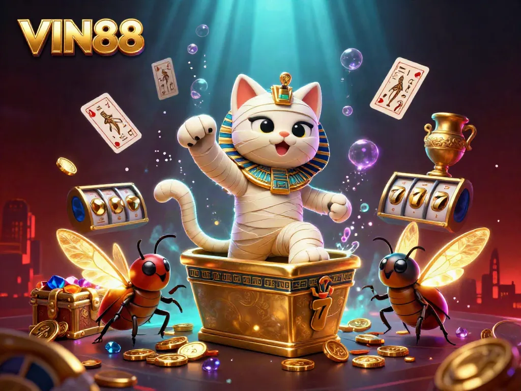 Experience the excitement of VIN88 with a vibrant casino scene featuring a mummy cat and golden treasures.