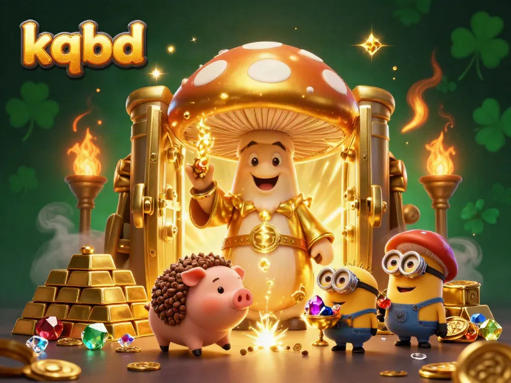 Engage with kqbd while playing a vibrant, magical gambling scene featuring a golden mushroom wizard and treasure.