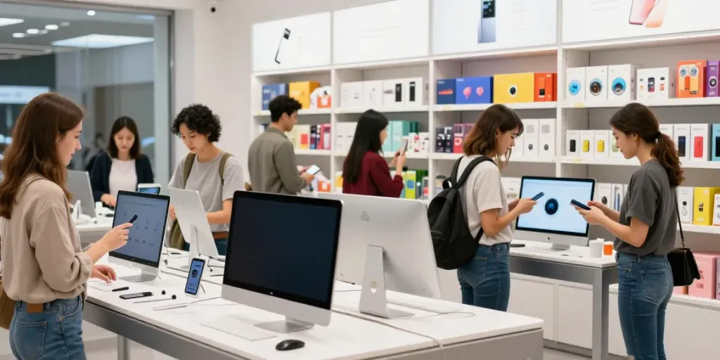 Customers exploring a vibrant e-commerce store filled with innovative Produkte.