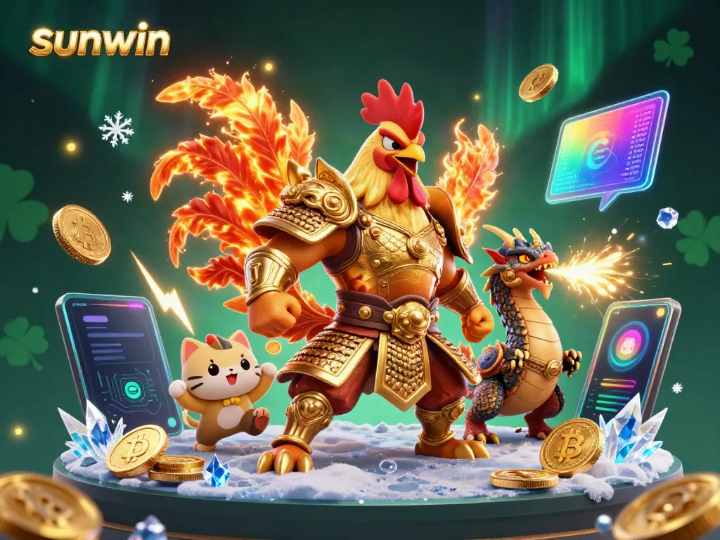 Experience thrilling gameplay with sunwin as a dynamic rooster warrior fights alongside a dragon in a vibrant casino scene.