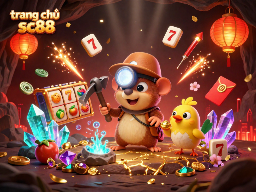 Engage with the thrilling slots at trang chủ sc88 with a vibrant 3D scene of a treasure hunter mole and casino elements.