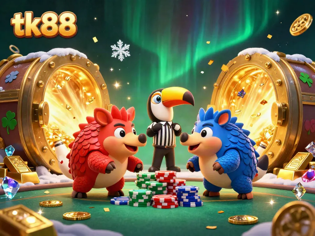 Experience exciting gameplay with tk88 as rival pangolins roll through poker chips in a vibrant casino scene.