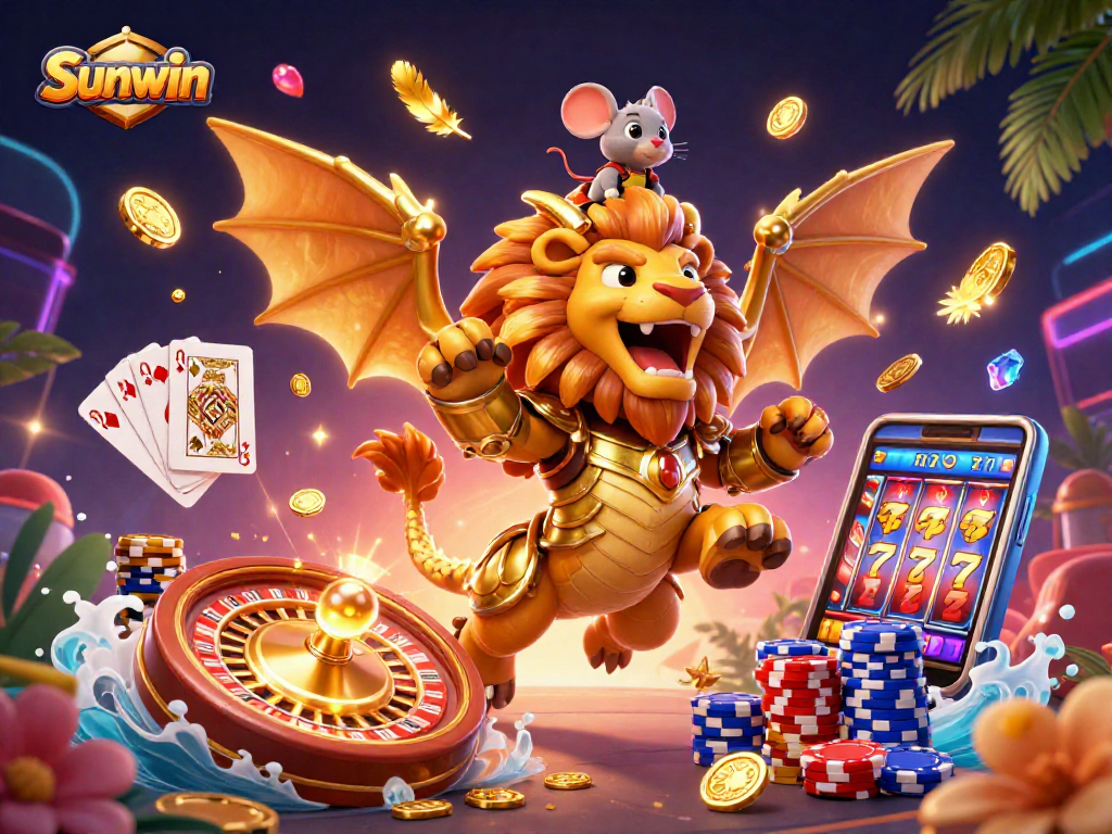 Experience the thrill at Sunwin with a majestic chimera and dazzling casino elements.