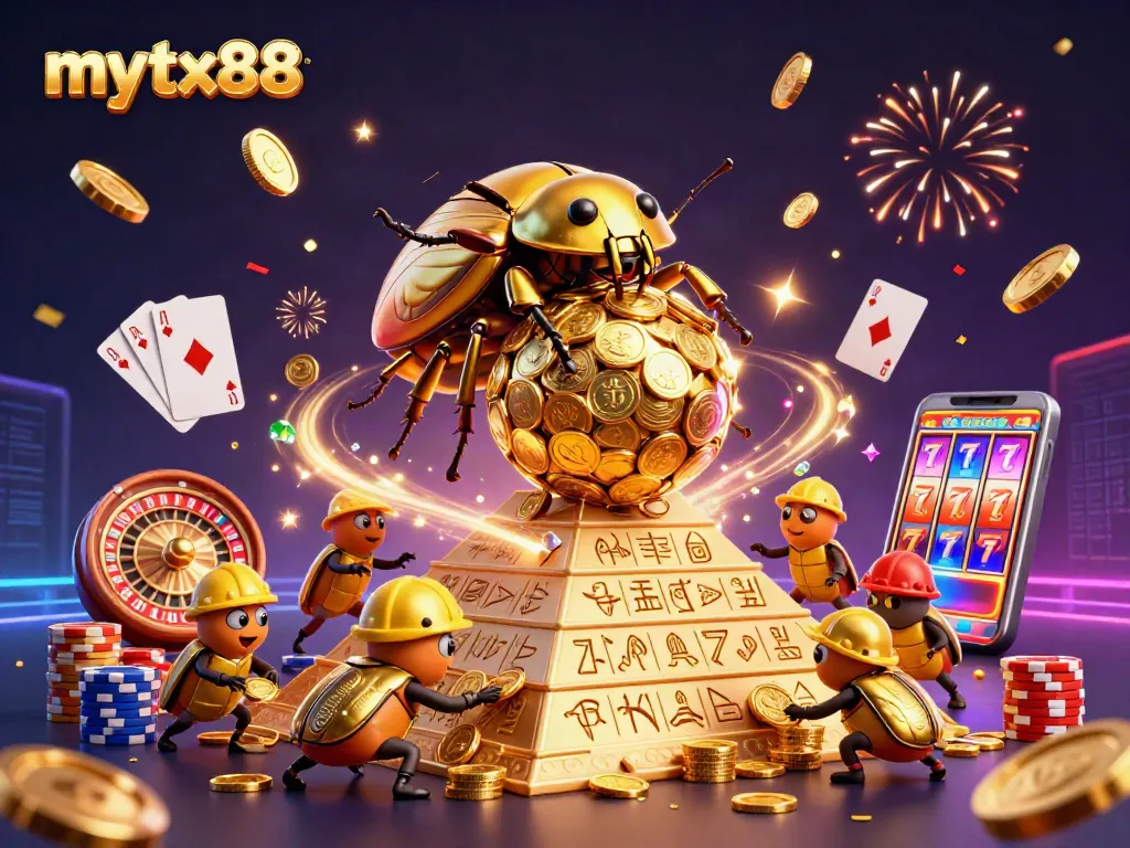 Mytx88 features a golden dung beetle navigating a casino-themed pyramid with exciting gaming elements.