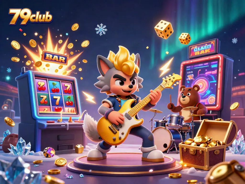 79club casino illustration with a rock star wolf and drummer bear, vibrant gaming elements exploding.