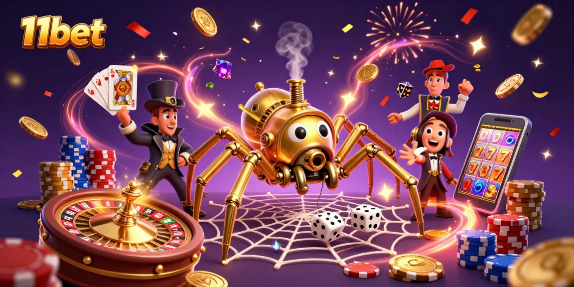 11bet illustrates a steampunk spider captivating dice with golden chains and poker chips amidst vibrant gambling elements.