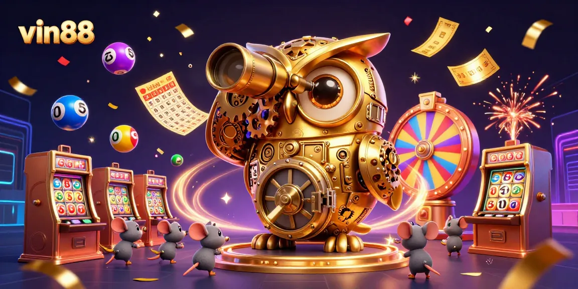 Engage in the vibrant action of vin88 where a clockwork owl oversees an exciting casino game environment.
