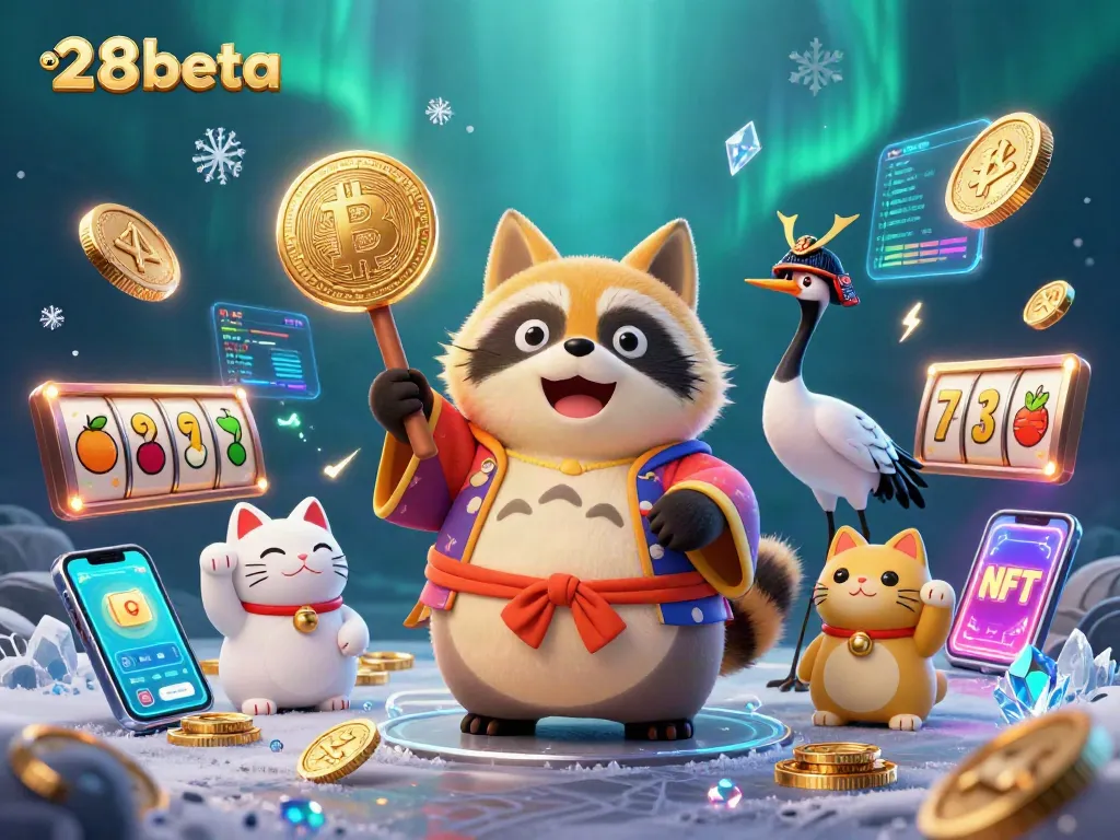 Experience the excitement of 28beta with vibrant cartoon characters amidst blockchain gaming elements.