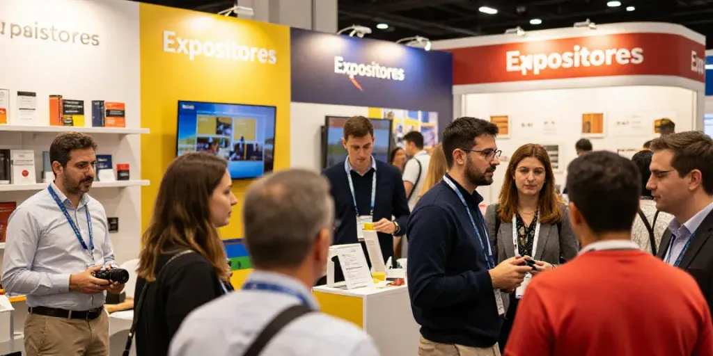 Expositores mit Ausstellern und Besuchern auf einer Fachmesse, lebendige Interaktion und Netzwerken.