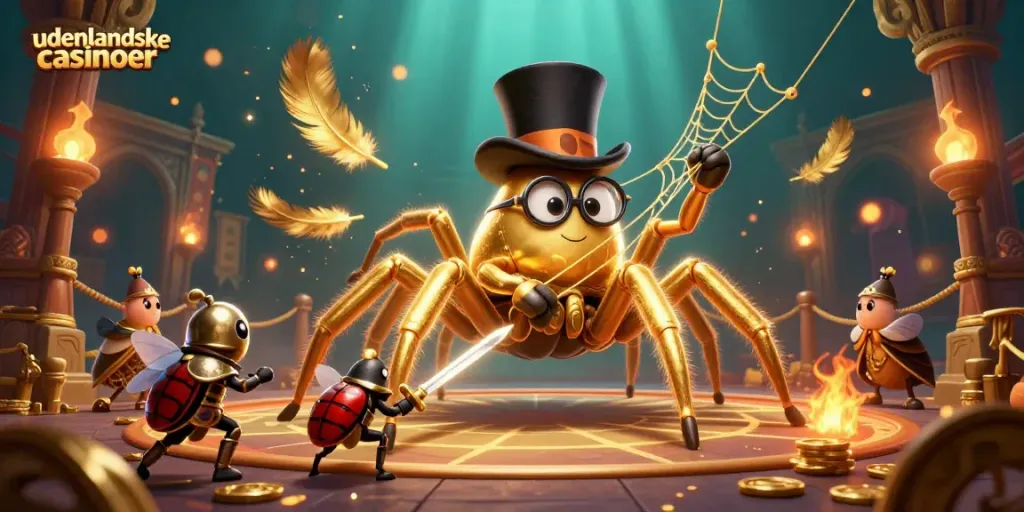 Engage with udenlandske casinoer featuring a dynamic scene of a golden tarantula and beetle knight in a vibrant casino setting.