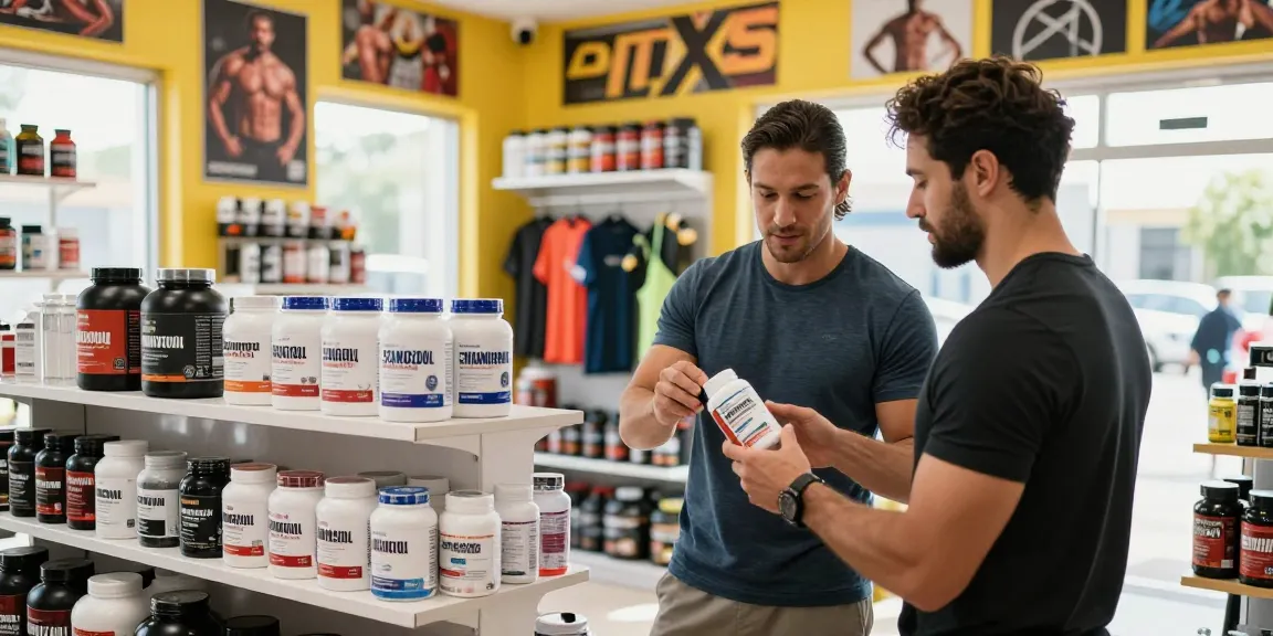 Anabolika Shop featuring a friendly sales representative assisting a customer in selecting anabolic steroids, with a bright welcoming atmosphere and well-stocked shelves showcasing fitness supplements