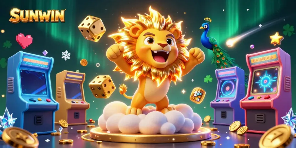 Experience thrilling gaming with SUNWIN's lively casino scene featuring a roaring sun lion, golden dice, and vibrant game elements.