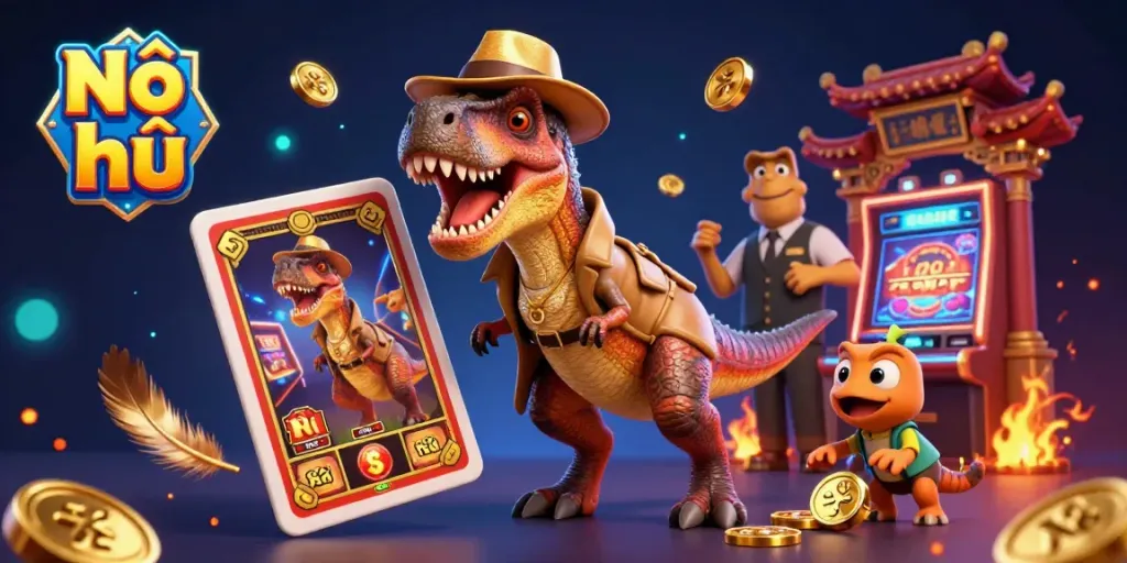 Nổ hũ slots gameplay featuring a velociraptor card counter and stegosaurus pit boss with vibrant casino elements.