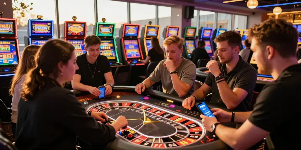 Vibrante Spielszenen im Casino itsme Belgique mit begeisterten Spielern an Roulette-Tischen und Smartphones in der Hand.