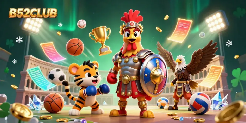 Engage with B52CLUB in an epic gladiator-themed casino scene filled with dynamic sports elements.