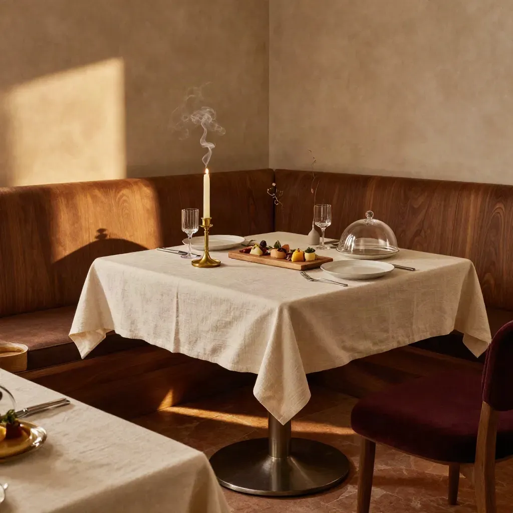 Privatdinner-Tisch für zwei mit Kerzen, gedeckten Tellern und Tasting-Board im warmen Raum