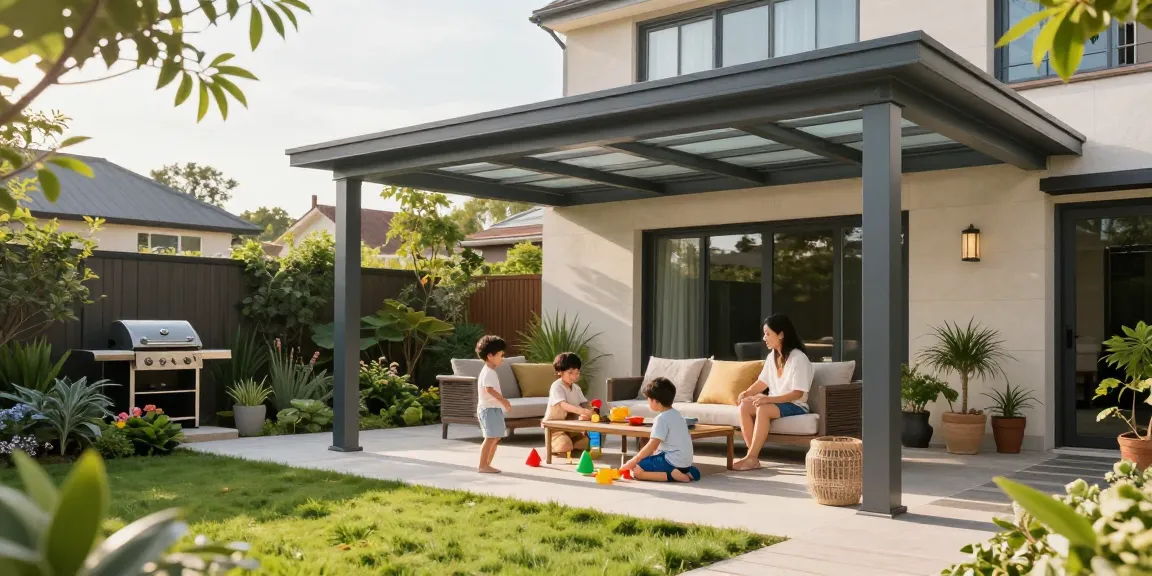 Stilvolle Terrassenüberdachung im modernen Garten, Familie genießt einen sonnigen Nachmittag.