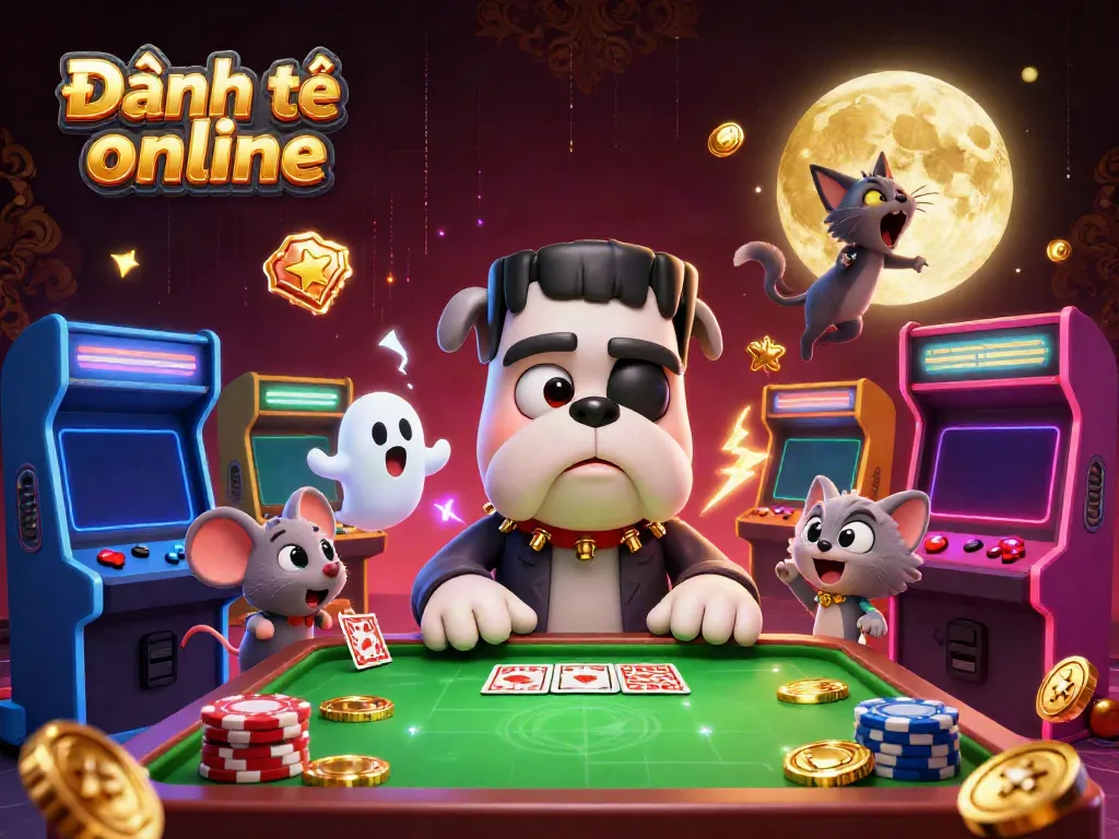Experience thrilling Đánh đề online action with a Frankenstein bulldog dealing cards amidst glowing casino elements.