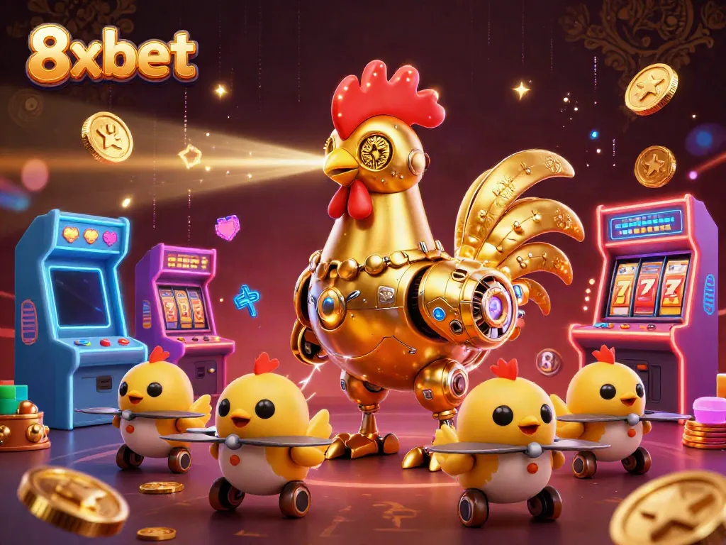Experience thrilling gameplay with 8x bet, featuring a vibrant casino scene with retro-futuristic characters.
