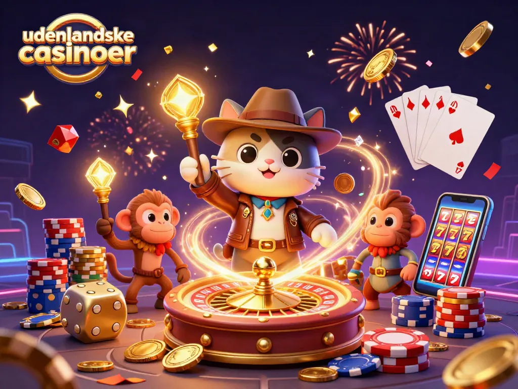 Engaging scene with udenlandske casinoer showcasing an explorer cat and monkey amidst casino treasures.