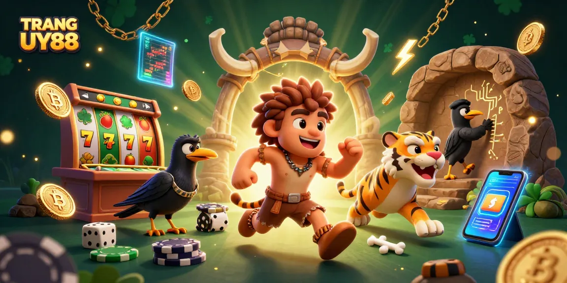 Spin the reels at TRANG CHỦ UY88 with a lively caveman, sabertooth tiger duo, and bright slot elements.