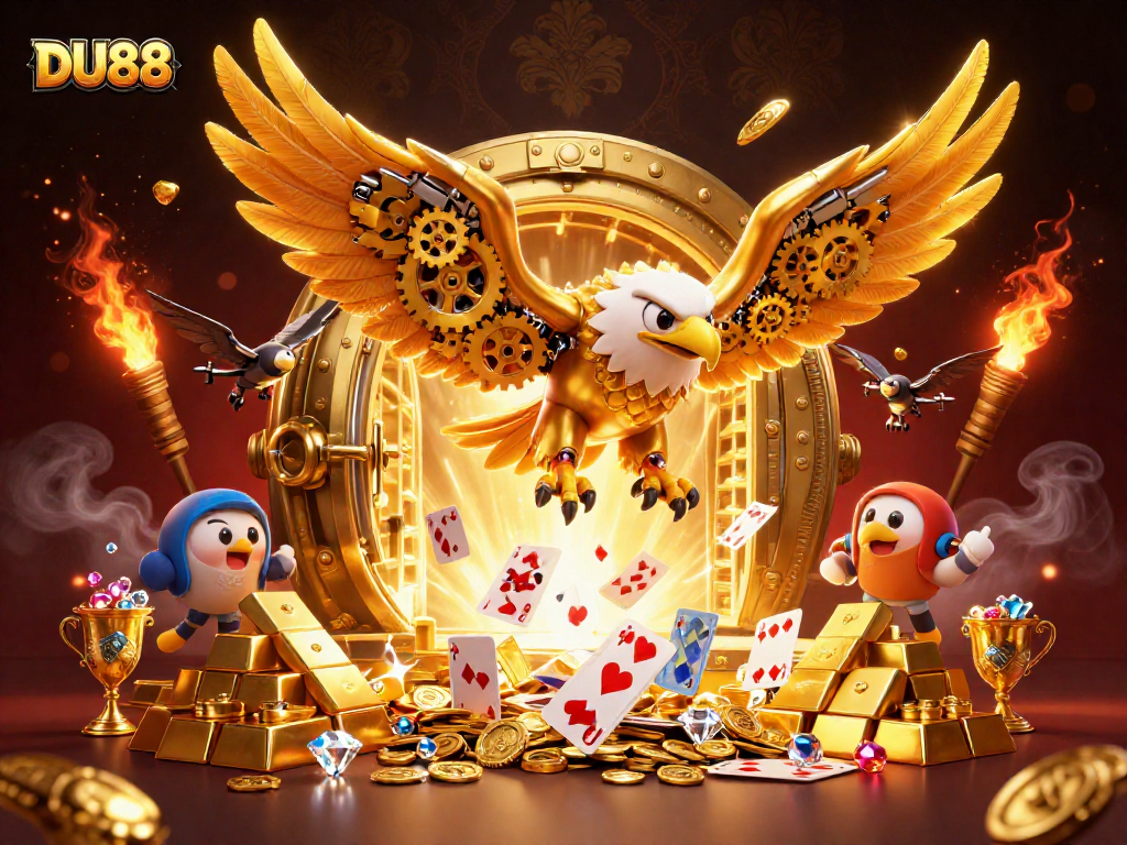 Experience thrilling casino excitement with DU88's golden eagle soaring through dazzling holographic cards.