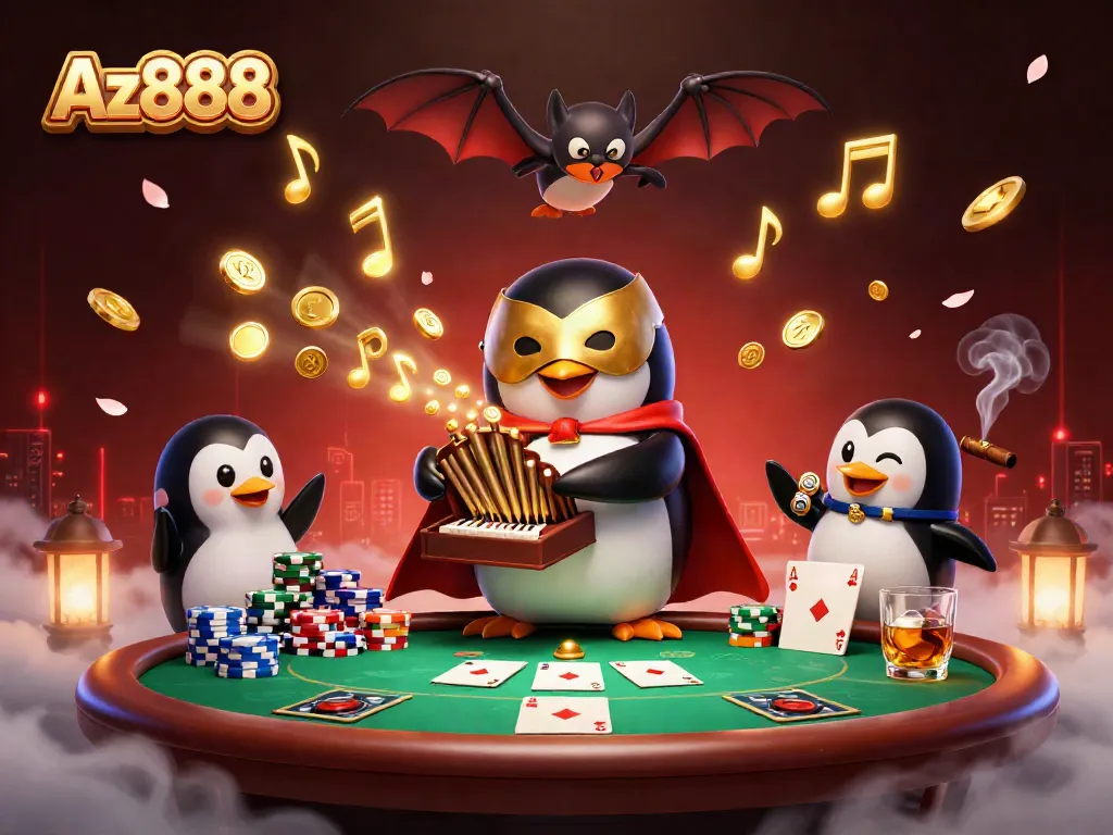 Experience thrilling gameplay at Az888 with a penguin organist and acrobatic bat in a charming casino scene.