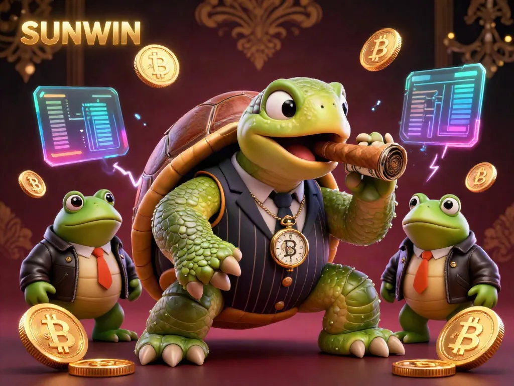 SUNWIN showcases thrilling gameplay with a cartoon snapping turtle and bullfrog enforcers amidst Bitcoin and Ethereum elements.