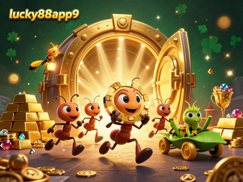Engage with lucky88app9 as ants execute a whimsical heist in a vibrant 3D casino-themed scene.
