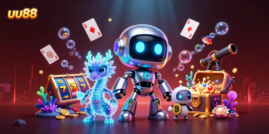 uu88 casino game featuring a robot mascot and a bitcoin drone assistant amidst vibrant gambling elements