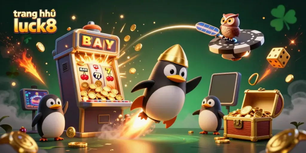 Experience the thrill of winning at trang chủ luck8 with a dazzling 3D illustration of golden penguin and jackpot highlights.