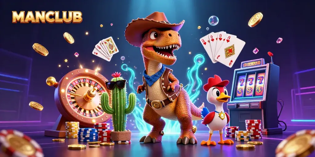 Engage with MANCLUB's vibrant casino adventure featuring a T-Rex cowboy amid golden coins and dazzling gems.