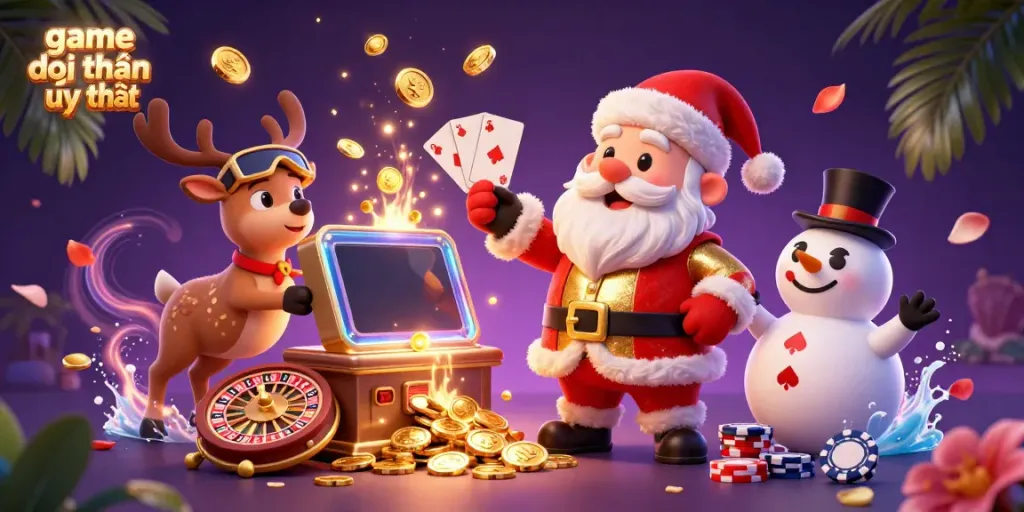 Join the fun in a vibrant scene celebrating game đổi thưởng uy tín with Santa and friends in a lively casino atmosphere.