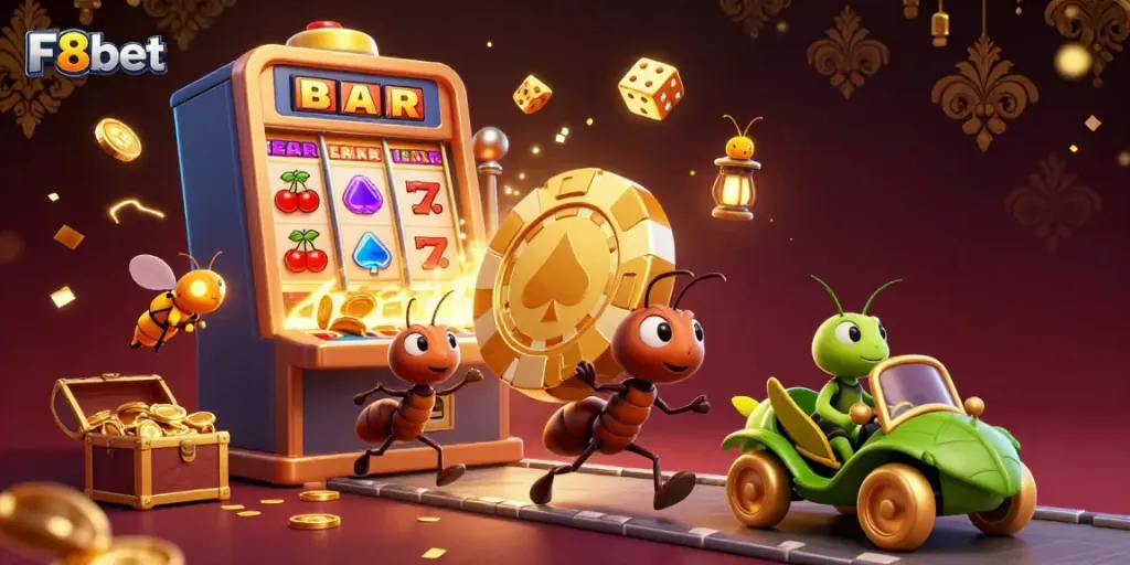 Experience the thrill of F8bet with vibrant 3D ants heisting a poker chip in a casino world.