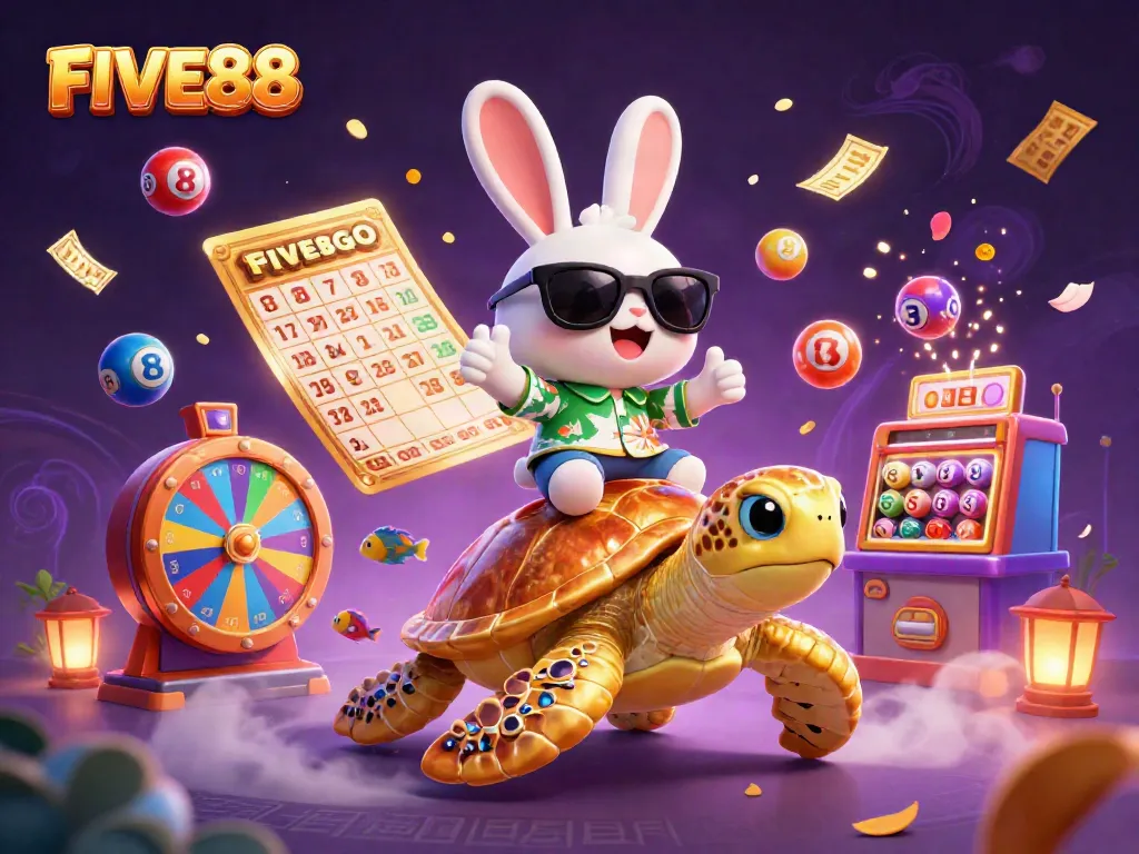 Experience a vibrant FIVE88 gaming adventure with a lucky rabbit and a golden turtle amidst colorful lottery elements.